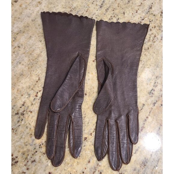 Vintage Size XS 5 3/4 Brown Soft Leather Formal 10" Long Gloves Scallop Edge - Picture 5 of 12